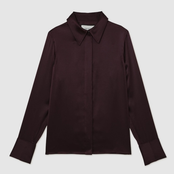 Big Sale! Reiss Silk Satin Concealed-Placket Shirt in Burgundy - Picture 5 of 9